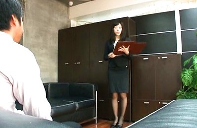 Miku Sunohara Asian in office suit licks man cock over knickers