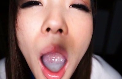 Mei Yukimoto Asian in t-shirt has tongue full of cum from blowjob