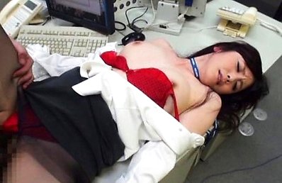 Japanese AV Model rides boner through nylon stockings at office