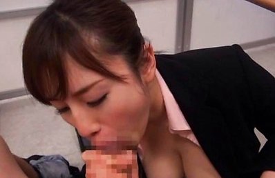 Azumi Asian with big cans in office suit sucks dong and gets cum