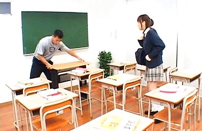 Runna Sakai Schoolgirl shows panties then hairy cunt on a desk