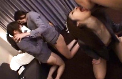 Japanese AV Model kisses other babe with gal sucking dick next