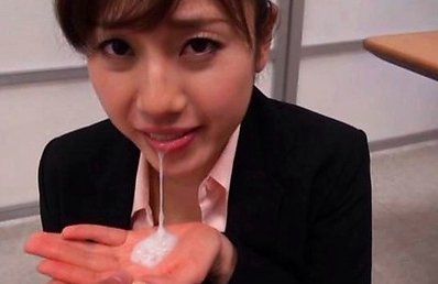 Azumi Asian with big cans in office suit sucks dong and gets cum