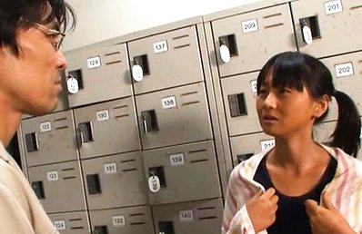 Japanese AV Model fondles balls while strokes cock at locker room
