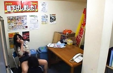 Japanese AV Model sucks stiffy and has beaver licked at office