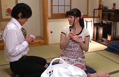 Japanese AV Model has pussy licked under apron while sucking cock