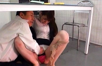 Japanese AV Model has love box rubbed and licked under the table