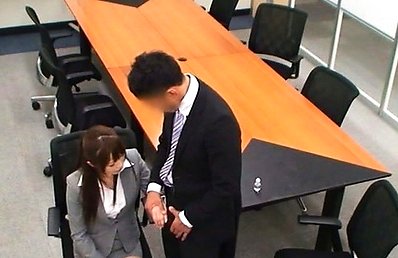 Japanese AV Model in tight and short skirt sees boss  hard cock