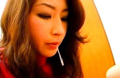 Yoshima Koga Asian has cum pouring from mouth after good blowjob