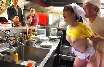 Mimi Asuka sucks her boss cock in a restaurant in front of clients. She is fucked doggy style and in mouth same time. After she cums, Mimi is fucked o