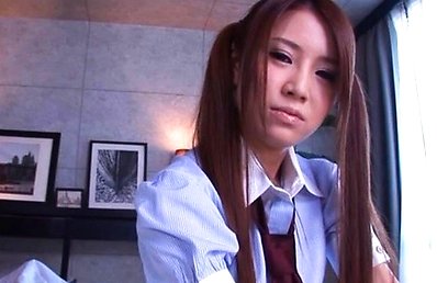 Riri Yuzuna Asian with long hair takes her uniform skirt off