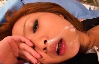 Amateur Asian with cans out of bra is fucked and gets cum on nose