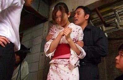 Natsume Inagawa is kidnapped and fucked in front of her guy. She has to suck dicks and gets toys on asshole and in hairy pussy. After she is roughly p