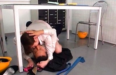 Japanese AV Model kisses boss and rides his woody under table
