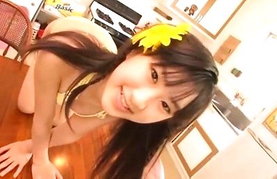Ai Kitaura Asian in yellow lingerie sits with hot bum up in air