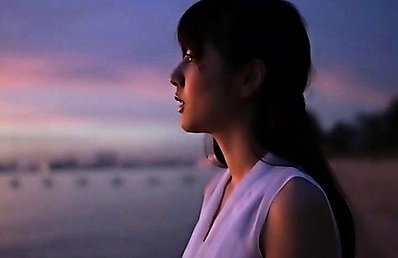 Yumi Sugimoto Asian in white dress is very happy on the beach