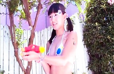 Rika Momose Asian in colorful bath suits loves playing in water