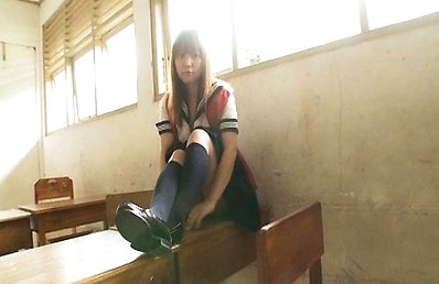 Akina Asian cupcake takes school uniform off on classroom desks