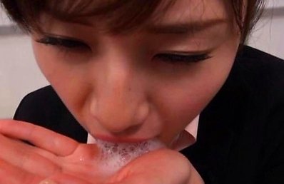 Azumi Asian with big cans in office suit sucks dong and gets cum