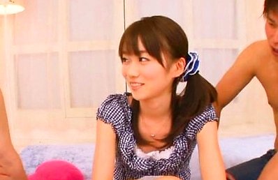 Japanese AV Model in cute dress has sexy lips licked by fellow