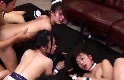 Japanese AV Model and dames are nailed in vaginas by men in orgy