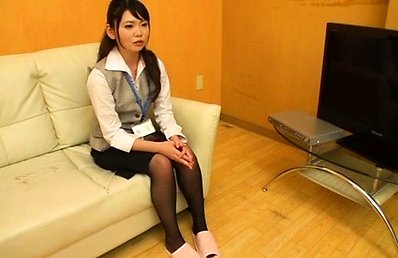 Japanese AV Model touches her slit over stockings next to man