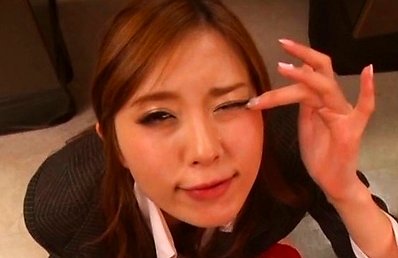 Rin Sakuragi Asian in office suit gets cum on eye after blowjob