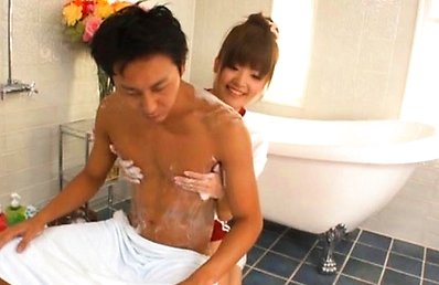Erika Kashiwagi pretty Asian teen soaping up her naked boyfriend