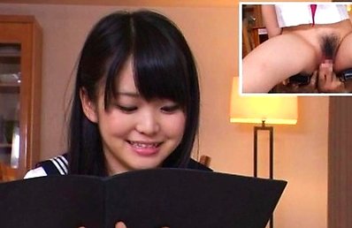 Kurumi Tachibana Asian gets vibrator on cunt while reading menu