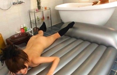 Erika Kashiwagi in socks massages man with oil and sucks penis