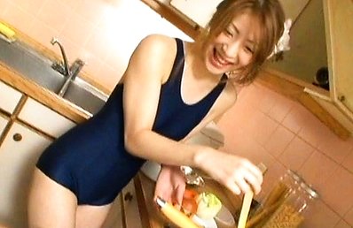 Yuu Mahiru adorable Asian girl in her tight blue swimsuit