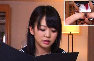 Kurumi Tachibana Asian gets vibrator on cunt while reading menu
