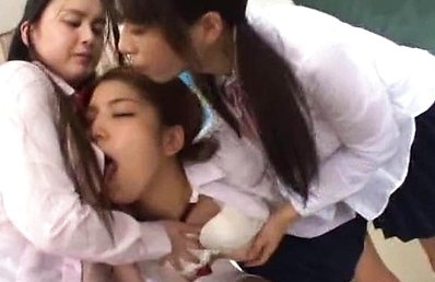 Japanese AV Model and babes lick dildos and strap on in orgy